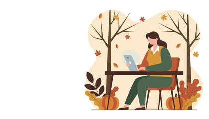 Remote work in autumn Woman uses a tablet outdoors among fall leaves and pumpkins