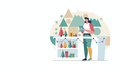 Woman using a tablet by a shelf of Christmas gifts and festive decor Holiday shopping concept