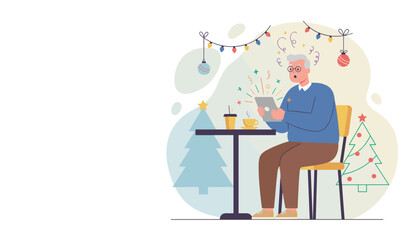 Surprised senior man using a sparkling digital tablet while drinking coffee in a festive holiday setting