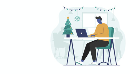 Illustration of a man working remotely on a laptop during the Christmas holiday season in a decorated office