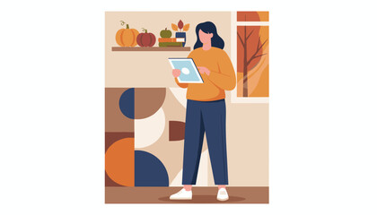 Woman using tablet in cozy autumn interior with pumpkins and fall colors