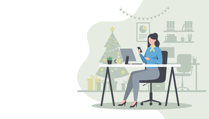 Professional woman works in a holiday decorated office using a smartphone