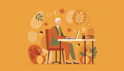 A professional working on a laptop in an autumnal office environment focusing on seasonal productivity