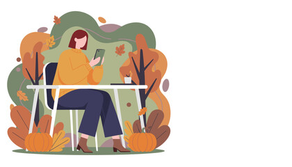 Casual woman texting on phone in a cozy autumn garden setting Digital lifestyle concept