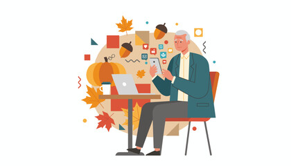 Senior confused by technology and social media apps in an autumn setting