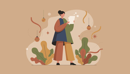 Modern flat vector of woman checking a document surrounded by abstract creative holiday elements