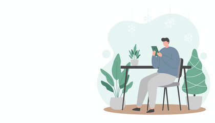 Casual man using tablet indoors during winter break surrounded by houseplants Leisure and technology