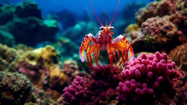 A vivid underwater scene featuring a large, colorful mantis shrimp swimming amidst coral formations. The shrimp is predominantly red with white and blue stripes.