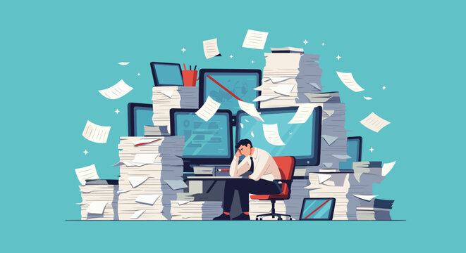 Overworked employee surrounded by towering piles of paper and computer monitors