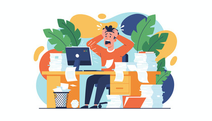 Stressed worker overwhelmed by huge piles of paperwork and deadlines in a chaotic office illustration