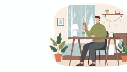 Fototapeta premium Cozy winter home office Man using smartphone indoors while snow falls outside