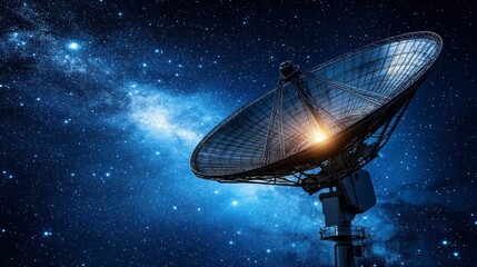 Large radio telescope against a starry night sky