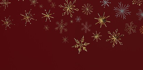 Festive background image featuring golden snowflakes falling on a deep red backdrop. Perfect for Christmas, New Year, winter designs,