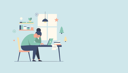 Overworked woman at desk during winter feeling stressed and fatigued