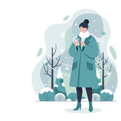 Winter messaging woman in a coat using a phone outdoors in the snow