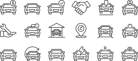 Automotive Industry Icons Set Vector Illustration Featuring Car Sales Repair Services and Transportation Concepts