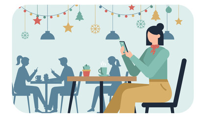 Woman using phone in a cozy cafe decorated for Christmas holidays Coffee break and technology