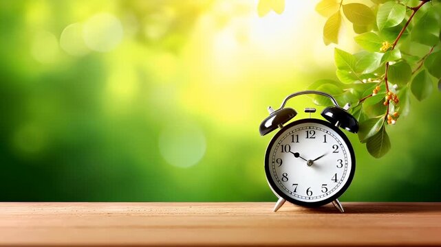 A closeup of a black alarm clock with a white face and black hands. The clock is set against a blurred green background with bokeh effects. The image has a shallow depth of field.
