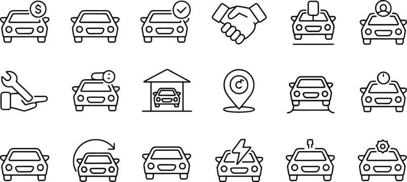 Automotive Industry Icons Set Vector Illustration Featuring Car Sales Repair Services and Transportation Concepts