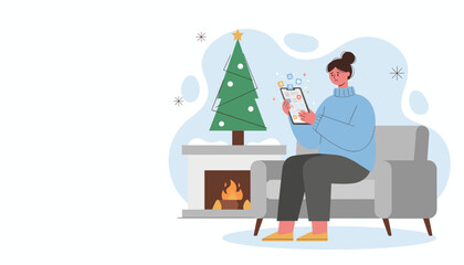 Stressed woman using tablet for holiday tasks by the fireplace and Christmas tree