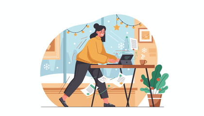 Happy woman working fast on a tablet in a cozy winter office juggling tasks and enjoying remote work