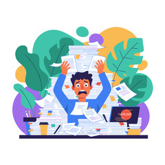 Overwhelmed office worker drowning in paperwork experiencing job stress and professional overload