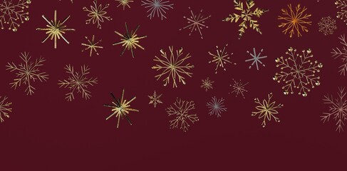 Christmas background with gold and silver snowflakes over a rich burgundy backdrop. Perfect for holiday designs, winter greetings, an