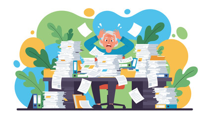 Stressed elderly worker drowning in paperwork and bureaucratic office overload