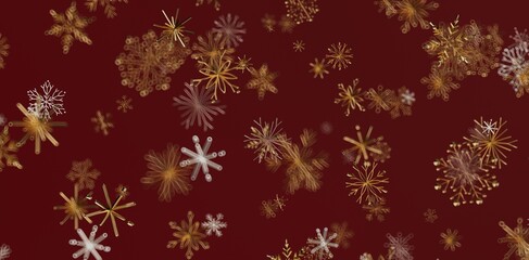 Elegant abstract design of gold and white snowflakes on a deep red background. Perfect for winter holidays, Christmas, and festive seasonal them