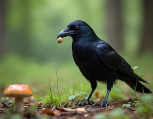 Fototapeta premium Large black crow stands on ground in forest with seed in beak. Big bird looks around in woods. Mushroom grows near corvus in nature habitat.