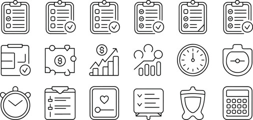 Business productivity planning management and financial analysis line icons representing tasks metrics time budget and success tracking