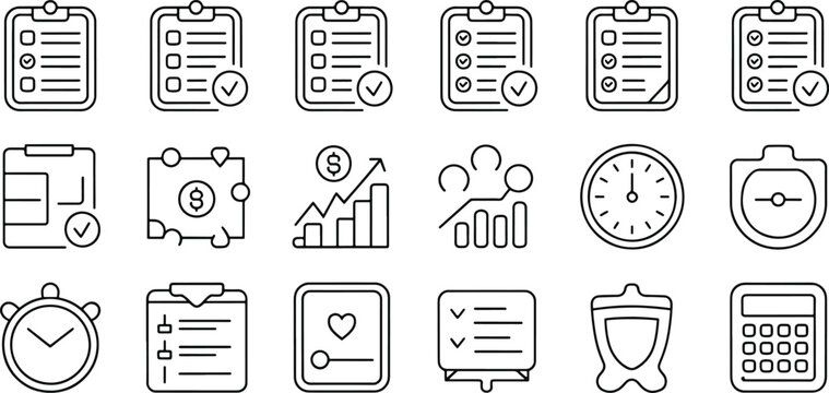 Business productivity planning management and financial analysis line icons representing tasks metrics time budget and success tracking