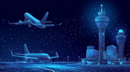 Futuristic airport with planes.  Digital network design of airport infrastructure