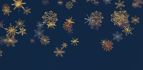 Elegant winter scene with floating golden snowflakes on a deep blue background. Perfect for holiday designs, Christmas cards, and fes