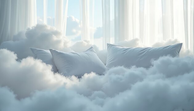 White pillows rest on fluffy clouds. Bed of soft clouds fills room, creating cozy, comfortable sleep space. Sheer curtains filter light from bright sky outside window. Ethereal scene suggests deep