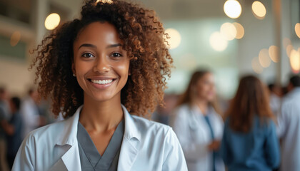 Smiling female doctor stands. Group of doctors talking. Medical staff gathers. Young african american woman in uniform smiles. Clinic doctors gather at conference for collaborative meeting.