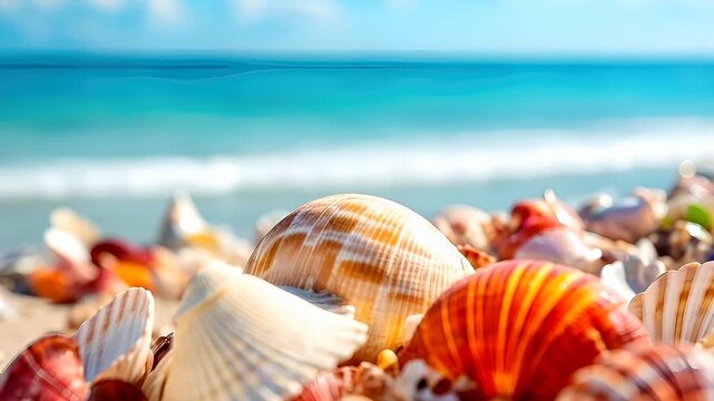 A closeup view of seashells on a sandy beach, with the ocean in the background. The shells are of various sizes and colors, including orange, white, and brown.