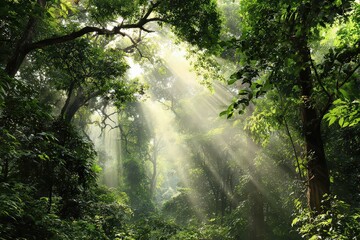 Obraz premium Sunlight Streaming Through Green Forest Canopy in Dense Woods with Lush Foliage and a Bright Backlit Effect Creating an Ethereal Atmosphere
