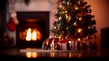A closeup of a Christmas tree adorned with ornaments and lights. The tree is surrounded by a variety of wrapped presents. The background is softly blurred, emphasizing the tree and its decorations. - Powered by Adobe