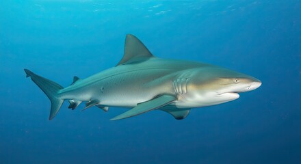 Obraz premium Majestic Caribbean Reef Shark Gliding Through Crystal Clear Blue Ocean Waters.