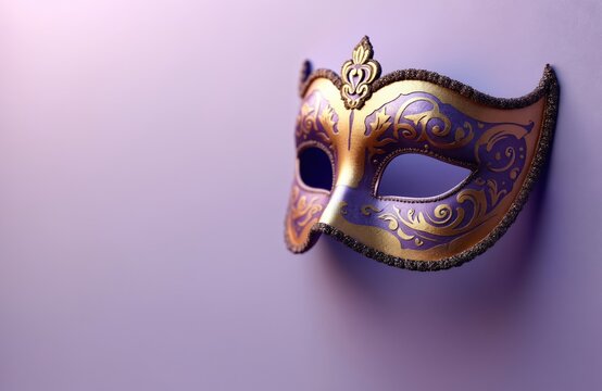 Elegant gold purple masquerade mask features intricate ornate patterns. Floats on soft gradient background, creating mysterious atmosphere. Luxury party accessory suggests carnival, festive