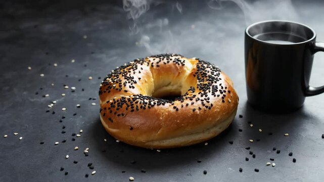 Freshly baked sesame bagel and coffee breakfast with cream cheese on a white background, 4k video