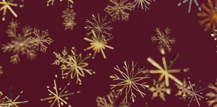Abstract golden snowflakes falling on a maroon background perfect for Christmas, winter holiday designs, cards, and invitations. Fest