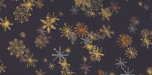 Abstract artwork featuring a pattern of detailed snowflakes with gold, bronze and silver color scheme. Perfect for winter themes, hol