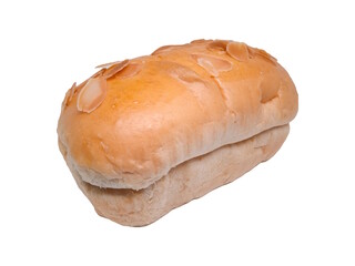 Golden brown loaf with almond slices on top, soft and fluffy inside. Freshly baked with a glossy finish, perfect for breakfast or a sweet snack.

