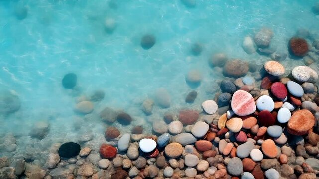 Aerial view of pebble beach with turquoise water and rocks.