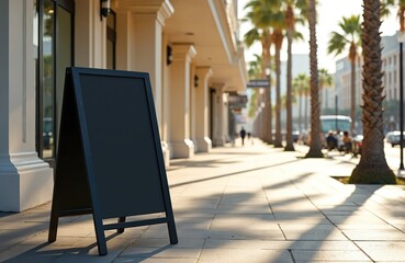 Fototapeta premium Blank sandwich board sign stands outdoors on sidewalk with palm trees. Commercial advertising signage on urban city street for retail shop promotion. Empty black chalkboard stands at pavement cafe.