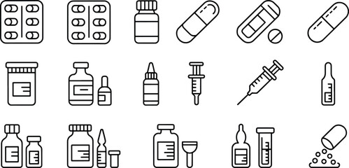 Medical icons set depicting various pharmaceutical preparations and injection tools perfect for healthcare content