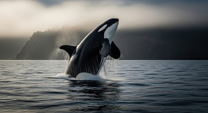 Majestic killer whale breaching from the ocean water with dramatic light.
