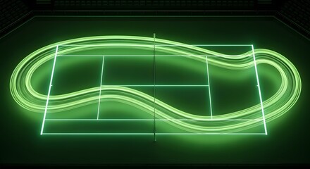 Dynamic futuristic tennis court with glowing neon light trails representing data and speed